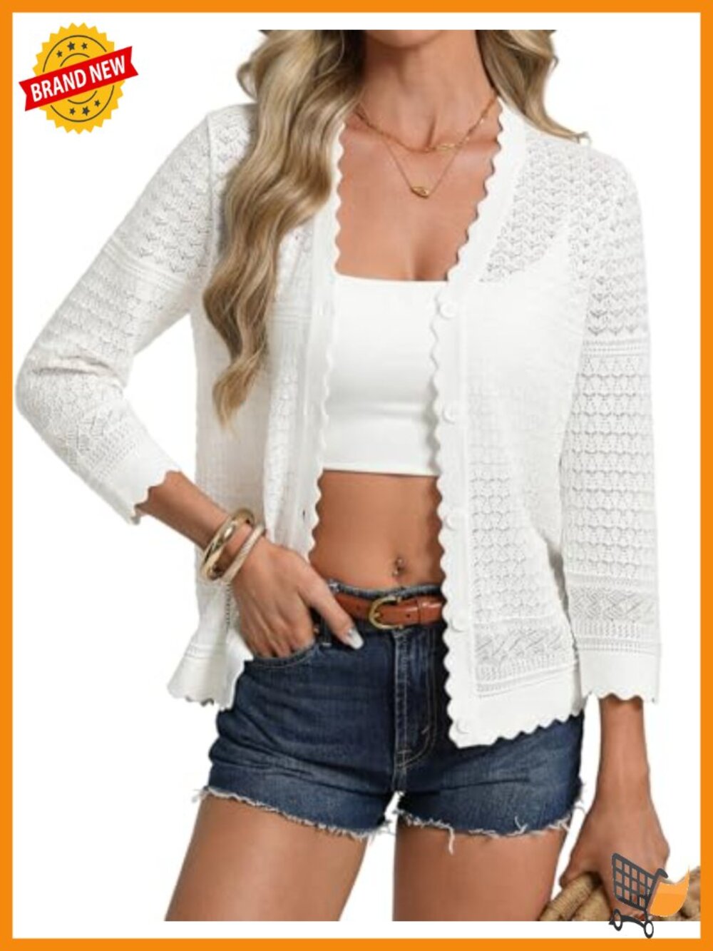 3/4 Sleeve Open Front Cardigan Lightweight Crochet Shrug Summer Casual